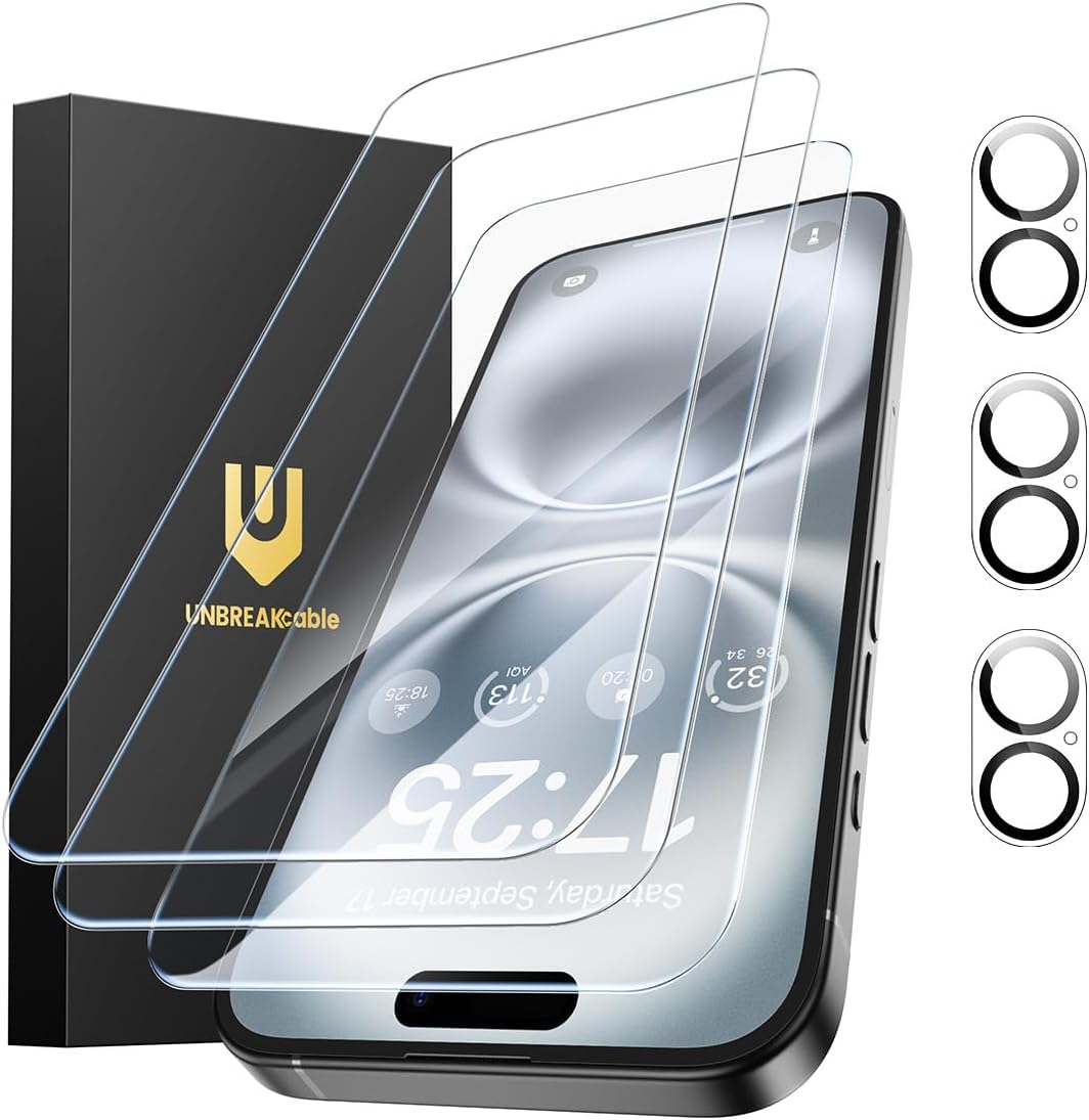 UNBREAKcable iPhone 16 Pro Max Screen Protector 3-Pack, 3 Tempered Glass + 3 Camera Lens Protectors, 9H Hardness, HD Clarity, Anti-Fingerprint, Case Friendly, 6.9 Inch
