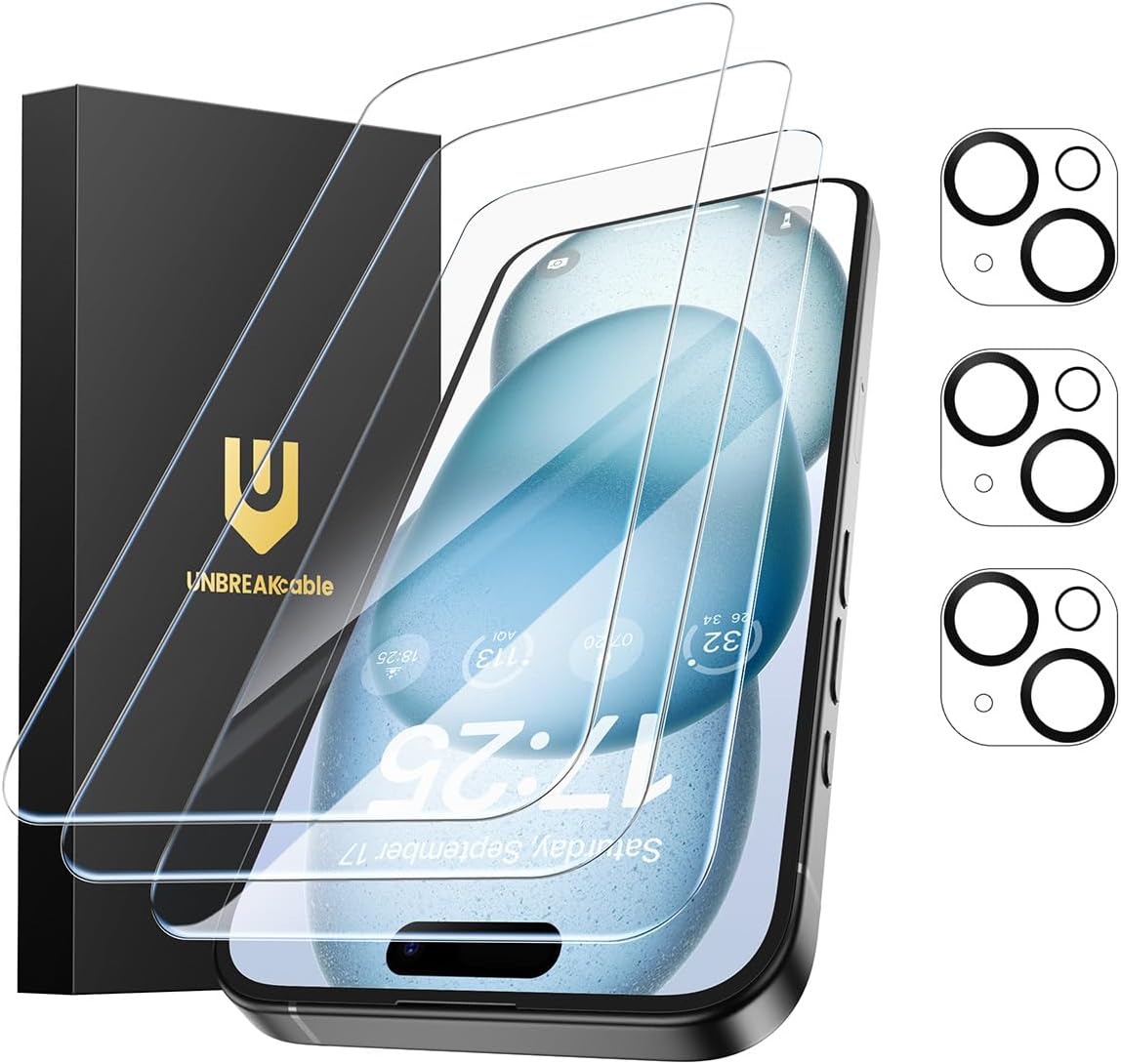 UNBREAKcable iPhone 16 Pro Max Screen Protector 3-Pack, 3 Tempered Glass + 3 Camera Lens Protectors, 9H Hardness, HD Clarity, Anti-Fingerprint, Case Friendly, 6.9 Inch