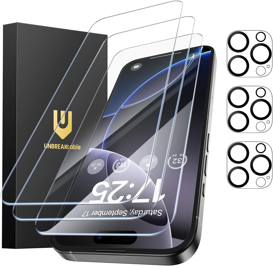 UNBREAKcable iPhone 16 Pro Max Screen Protector 3-Pack, 3 Tempered Glass + 3 Camera Lens Protectors, 9H Hardness, HD Clarity, Anti-Fingerprint, Case Friendly, 6.9 Inch
