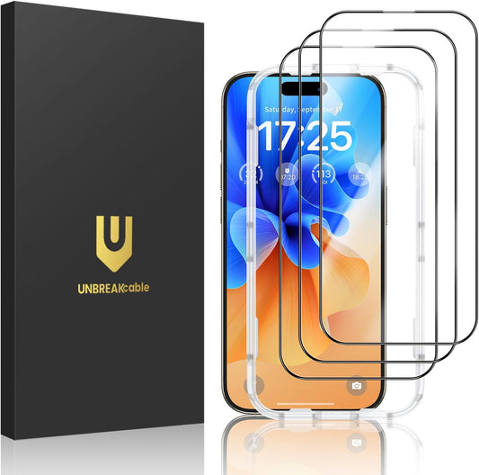UNBREAKcable 3-Pack Glass for iPhone 15 Pro Screen Protector, Double Shatterproof Tempered Glass [Easy Installation Frame] [9H Hardness] [Full Coverage] [HD Clear] for iPhone 15Pro 6.1 inch