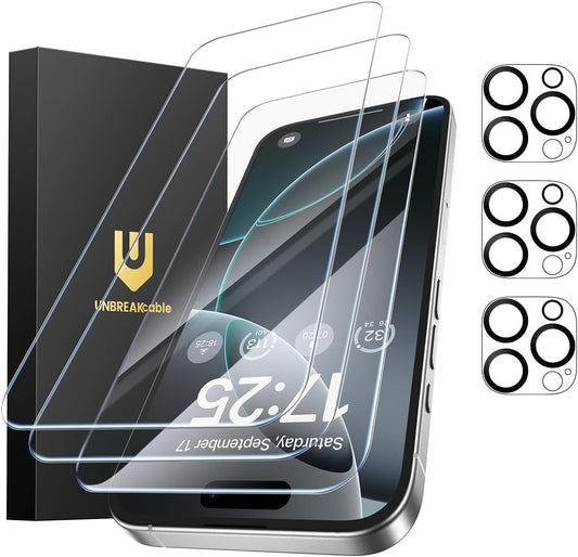UNBREAKcable iPhone 16 Pro Max Screen Protector 3-Pack, 3 Tempered Glass + 3 Camera Lens Protectors, 9H Hardness, HD Clarity, Anti-Fingerprint, Case Friendly, 6.9 Inch