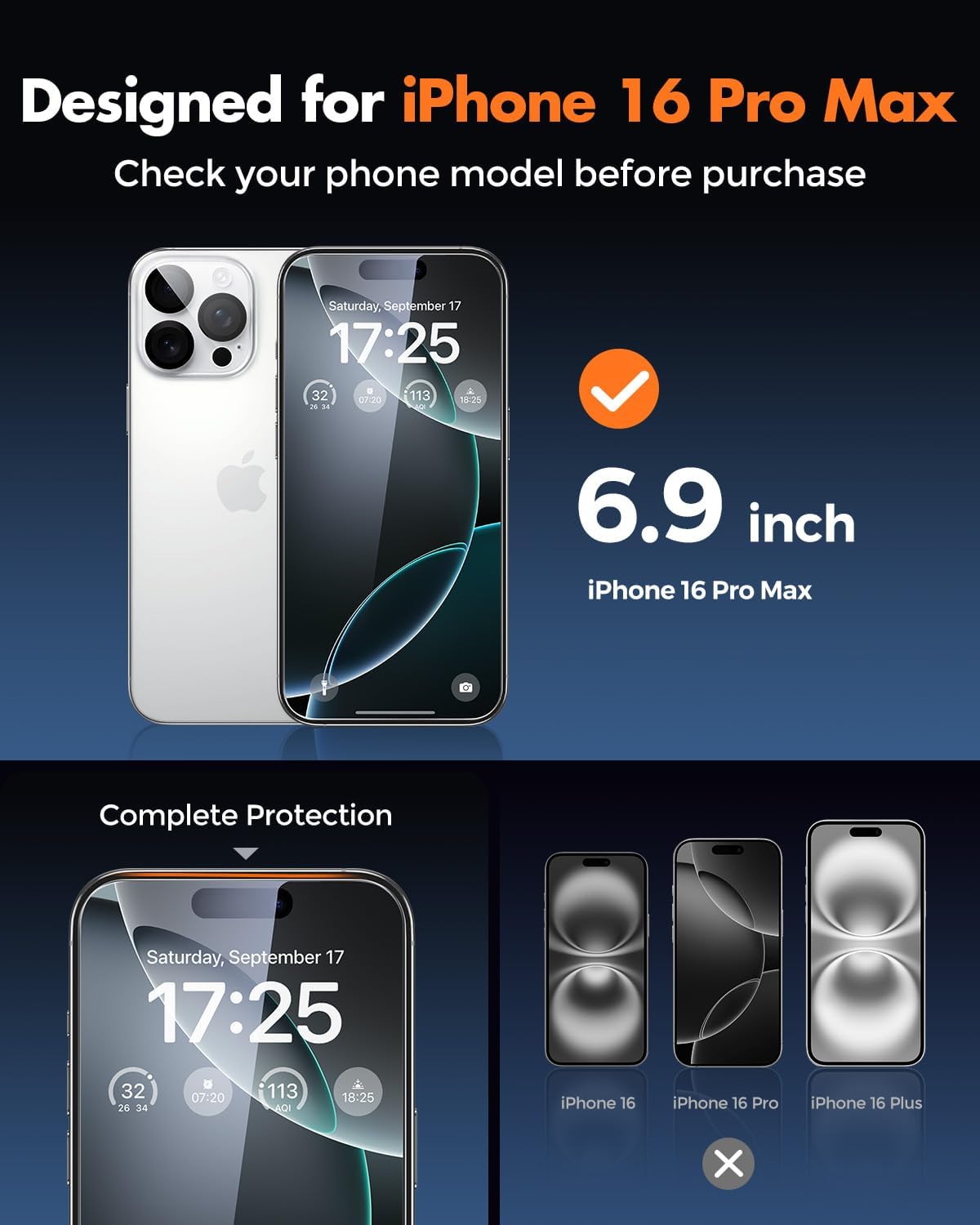 UNBREAKcable iPhone 16 Pro Max Screen Protector 3-Pack, 3 Tempered Glass + 3 Camera Lens Protectors, 9H Hardness, HD Clarity, Anti-Fingerprint, Case Friendly, 6.9 Inch