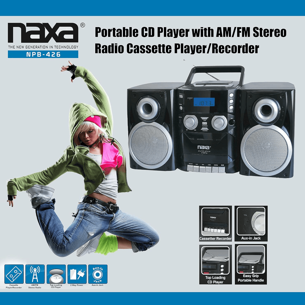Naxa Portable CD Player with AM FM Stereo Radio Cassette Player and Recorder