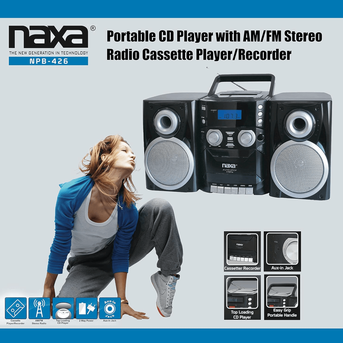 Naxa Portable CD Player with AM FM Stereo Radio Cassette Player and Recorder